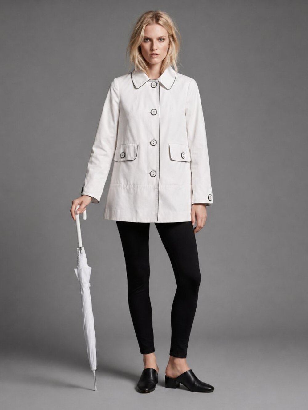 White Cropped A-Line Coat with Black Piping